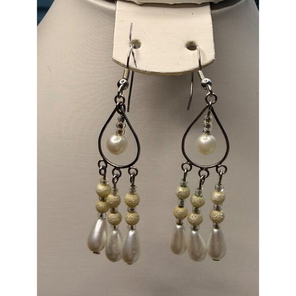 Vintage-Style Teardrop Dangle Earrings With Faux Pearl & Gold Beads Lightweight - Picture 6 of 6